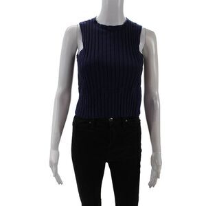 Allude Womens Ribbed Cropped Sleeveless Tank Top Navy Blue Cotton Size Small